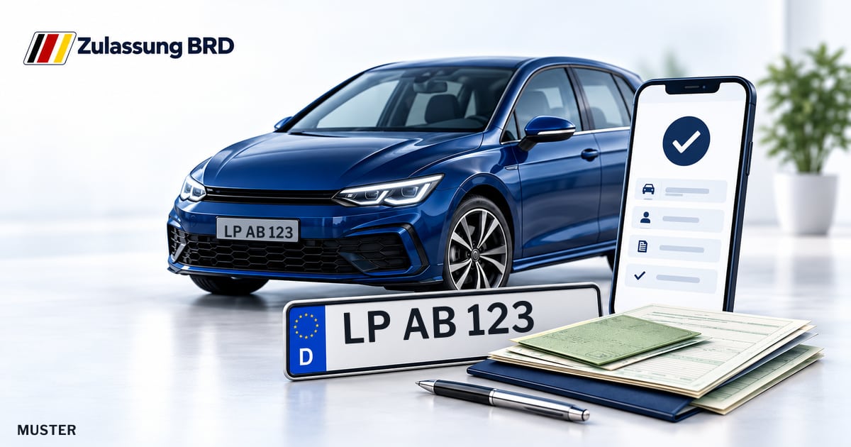 Online Fahrzeugzulassung in Rüthen: Musterkennzeichen LP AB 123, Auto und Fahrzeugpapiere und Smartphone. Illustration mit Logo von Zulassung BRD.